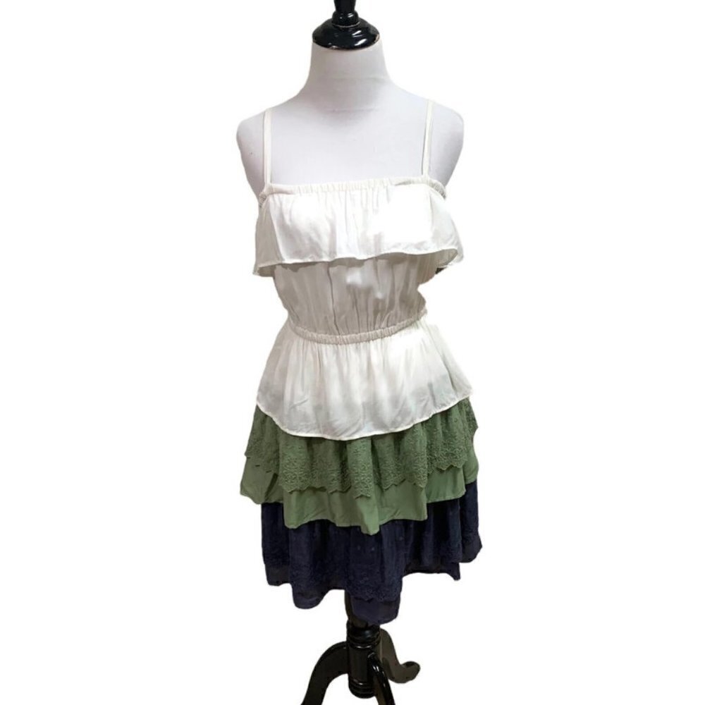 iLook Women's Mini Dress S Small Tiered Spaghetti Straps Lace Overlays Boho